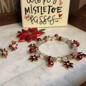 Vintage Poinsettia Brooch Bracelet Earring 4pc Set